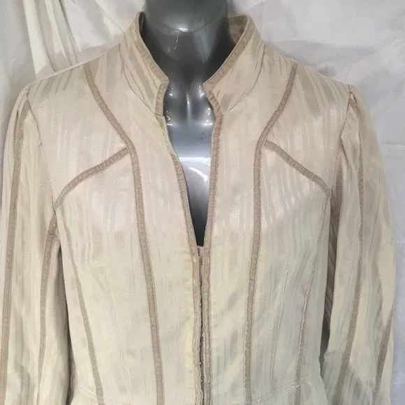 Le Chateau Jacket Fitted Suit Blazer Women's Size Med Beige Stripe Hook & Eye - Picture 2 of 14